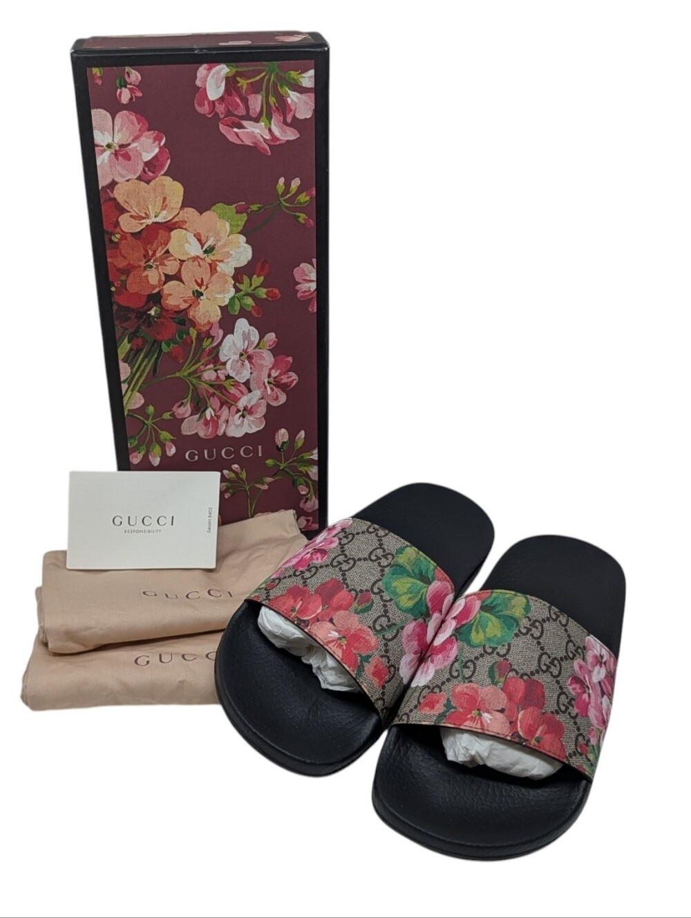 NIB Gucci GG Web Supreme Bloom Pursuit Floral Slide Sandals Size EU 41